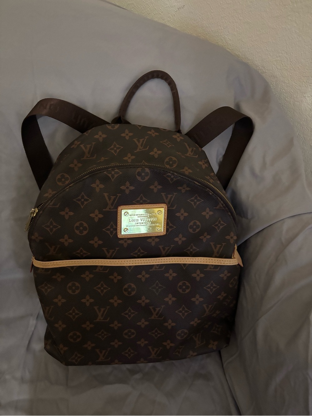 Source Unknown Brown Monogram Canvas Backpack with Tan Trim and Gold Plaque